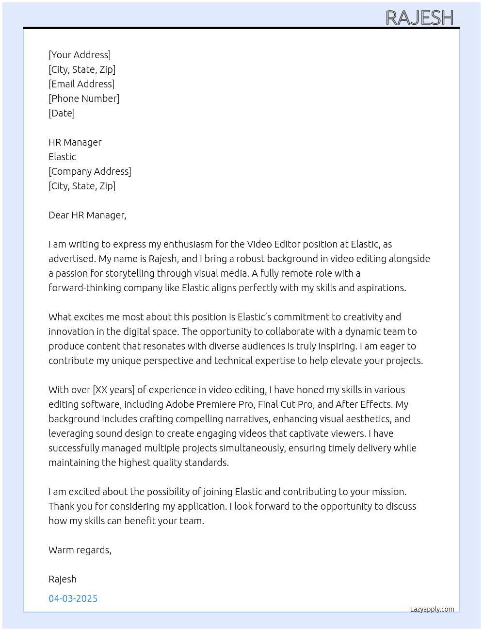 Video editor  At Elastic  Cover Letter
