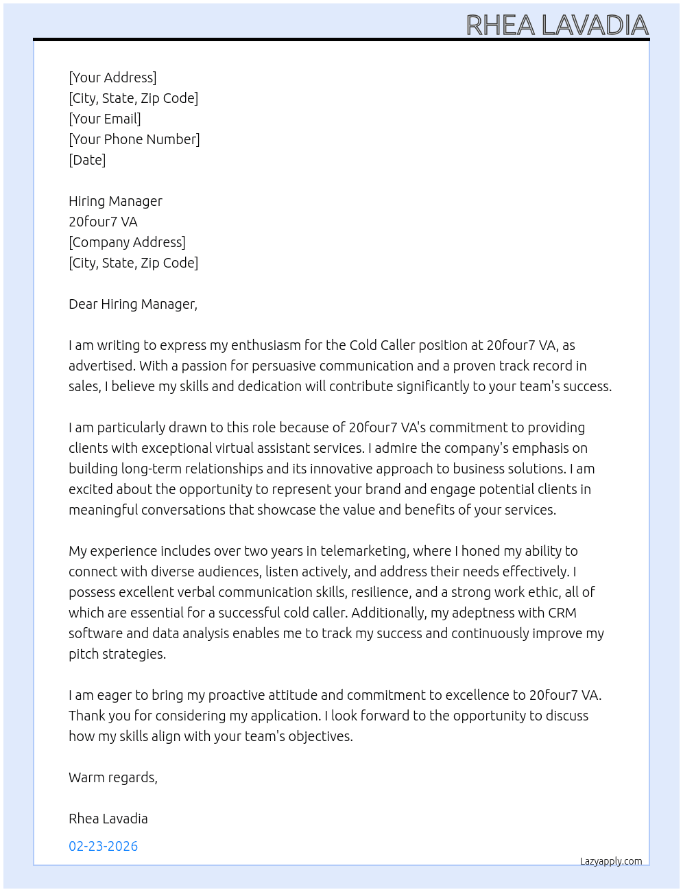 cold caller At 20four7 VA Cover Letter