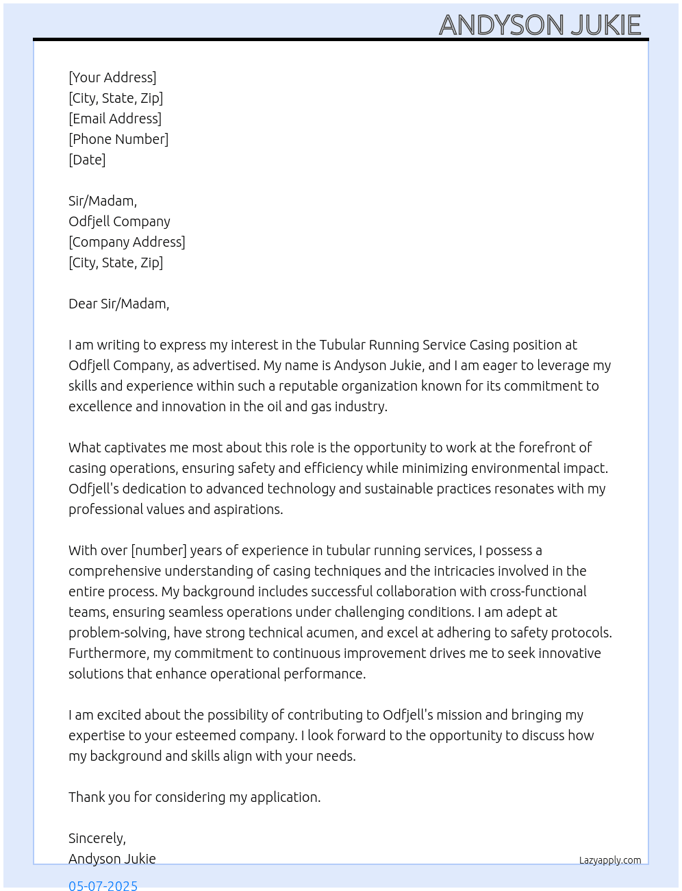 Cover letter for tubular running service casing - LazyApply