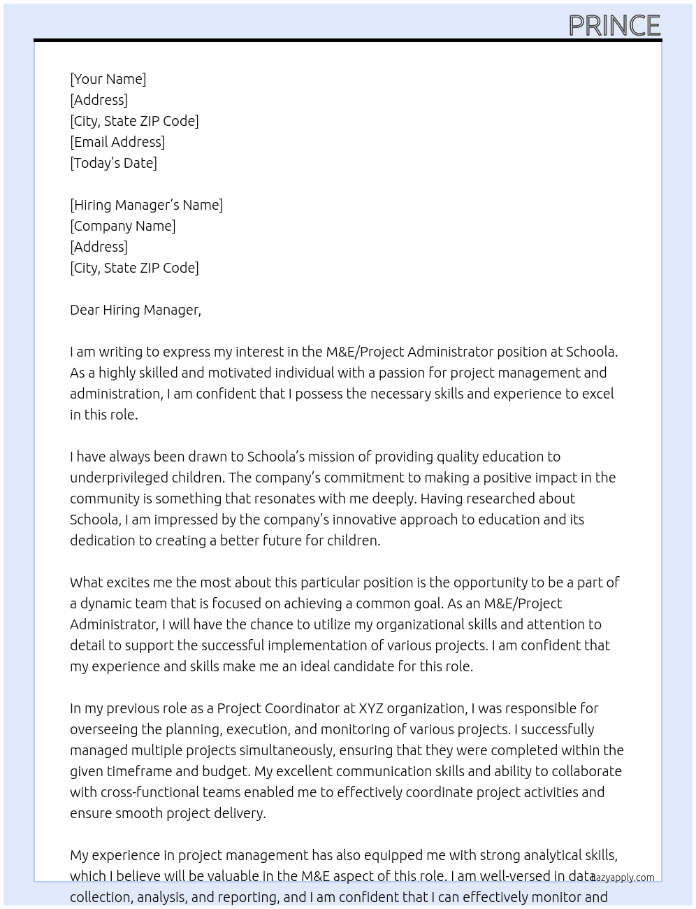 Cover letter for m&e/ project administrator - LazyApply