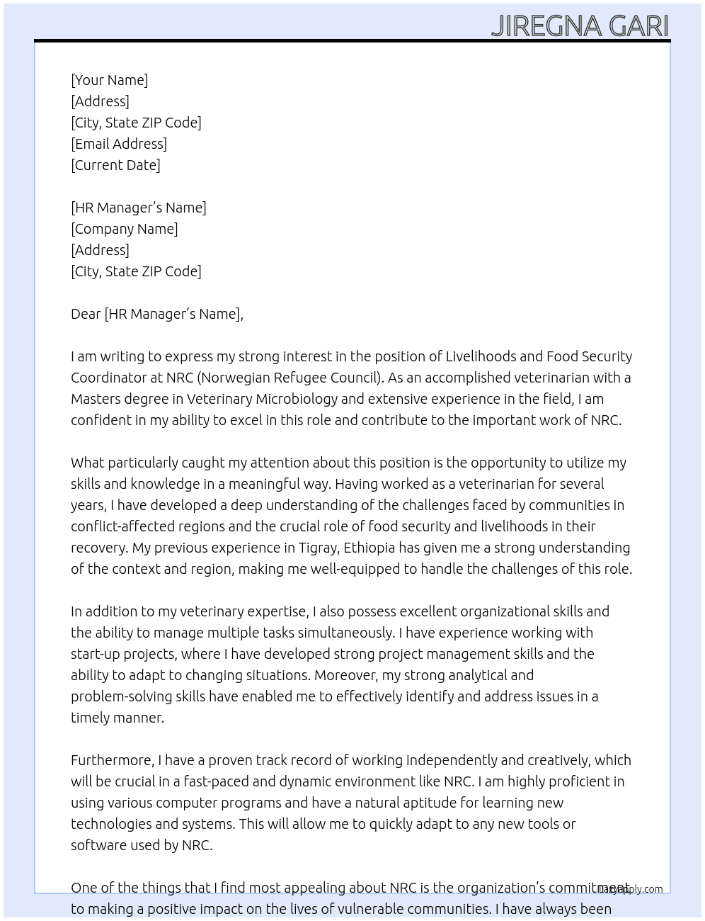  Livelihoods and Food Security coordinator At NRC (Norwegian Refugee Council)  Cover Letter