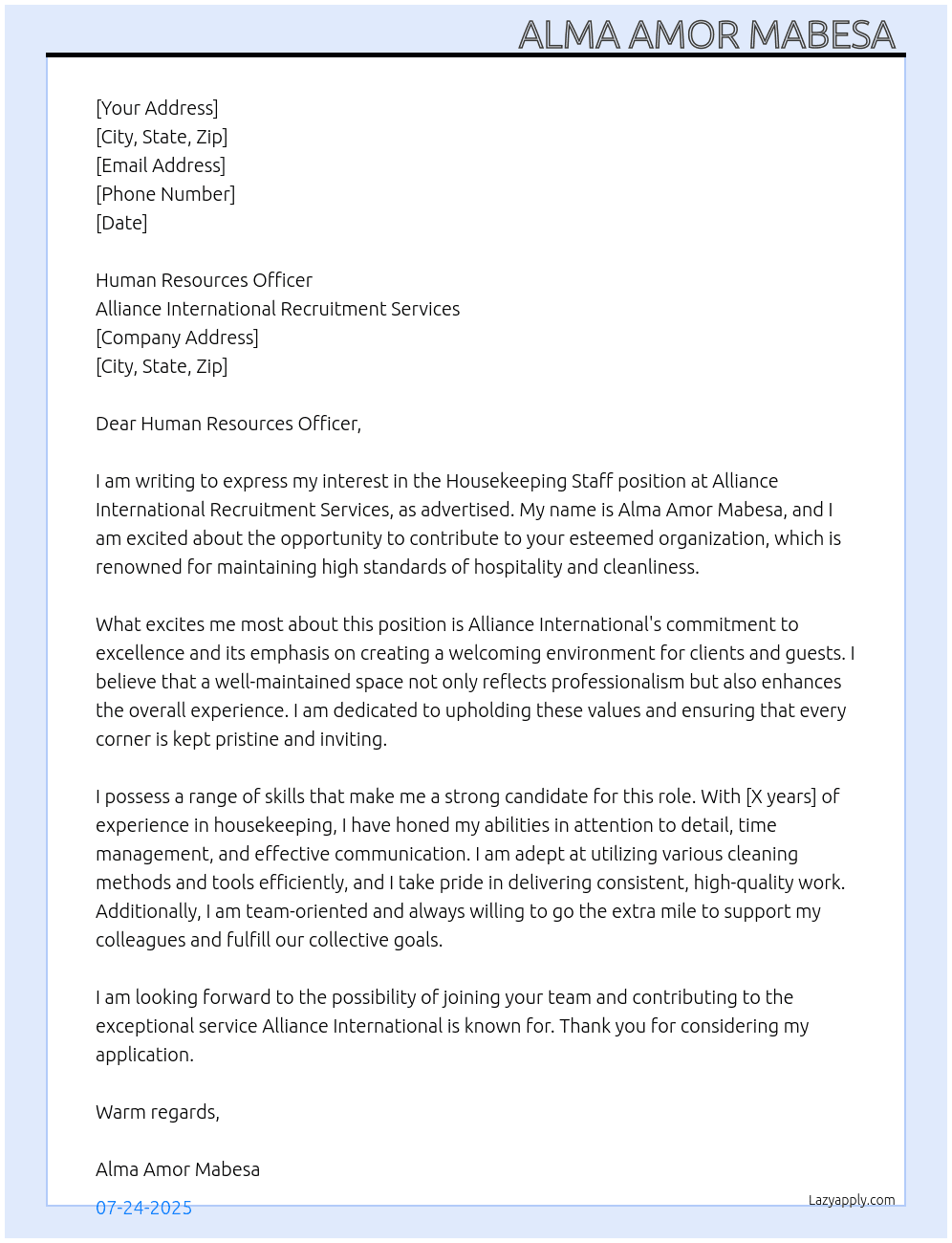 Cover letter for housekeeping staff - LazyApply
