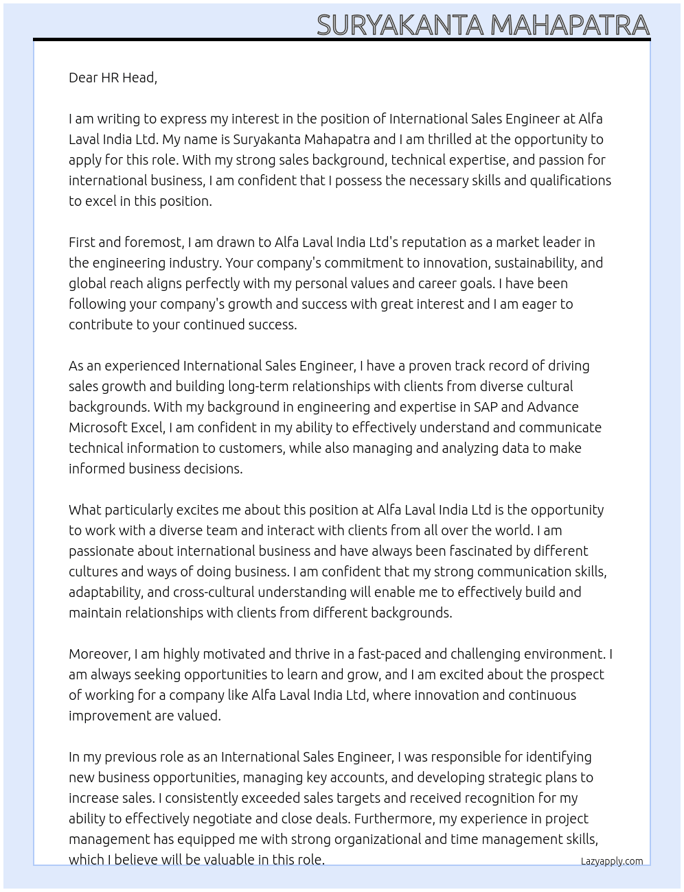 International Sales Engineer At Alfa Laval India Ltd Cover Letter