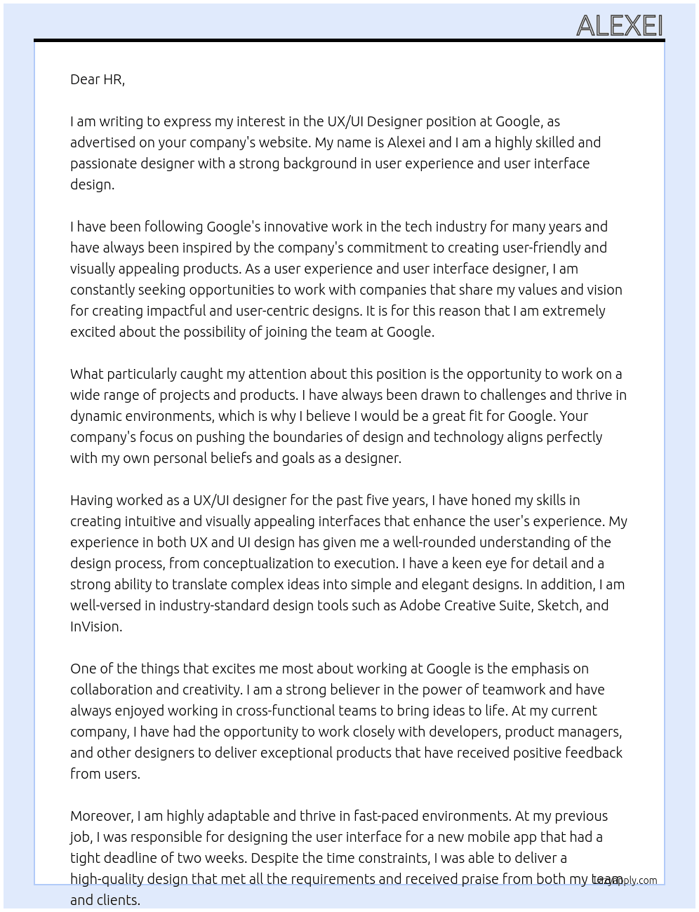 ux/ui designer At google Cover Letter