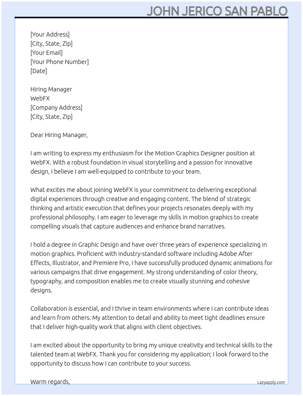 Cover letter for motion graphics designer - LazyApply