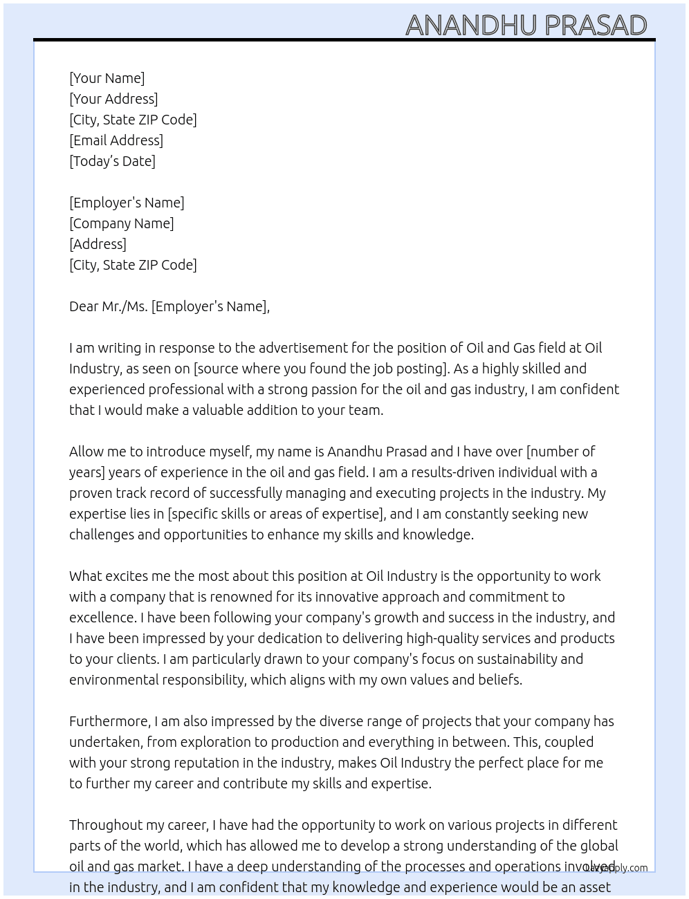 Oil and Gas field  At Oil industry  Cover Letter