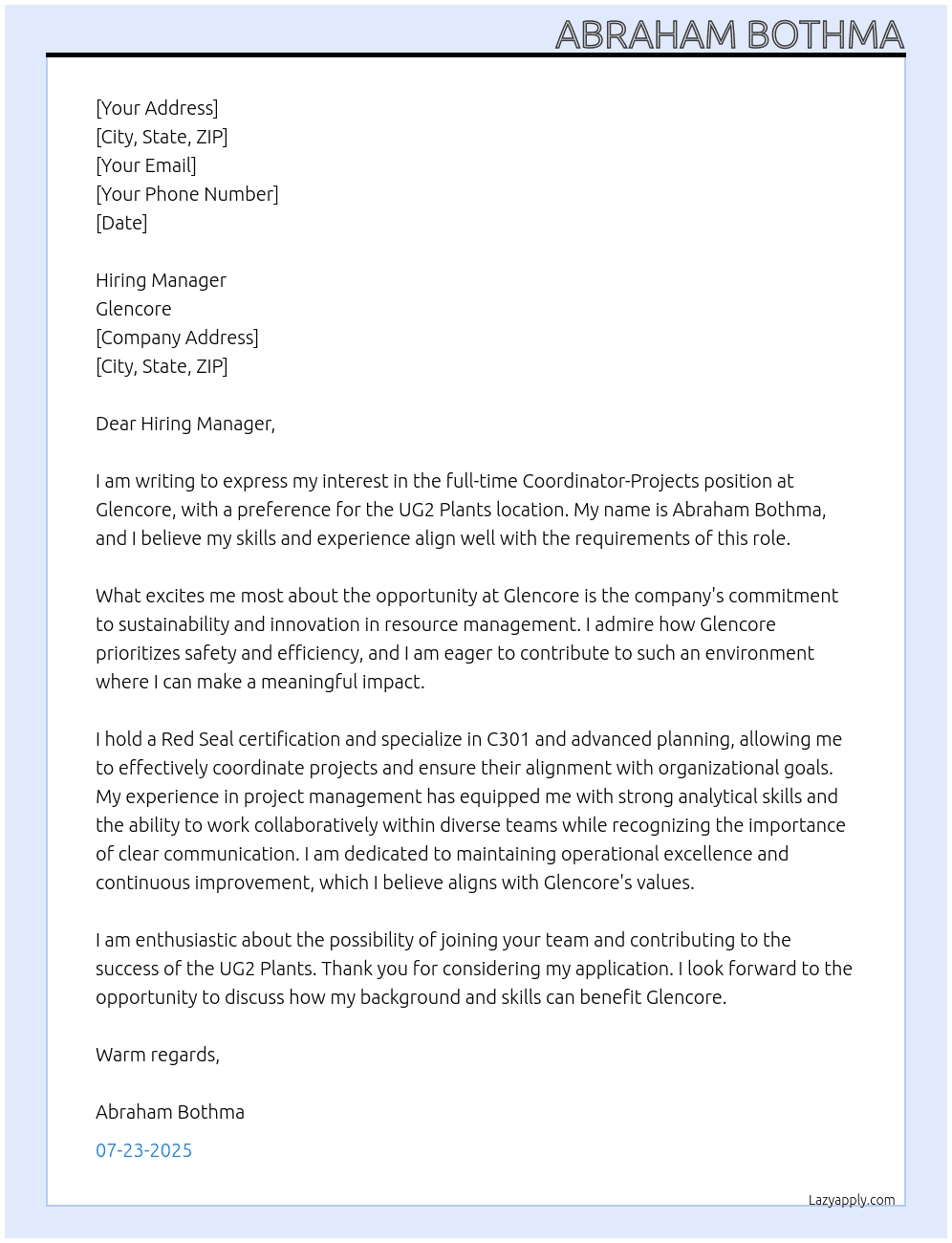 Cover letter for coordinator-projects - LazyApply