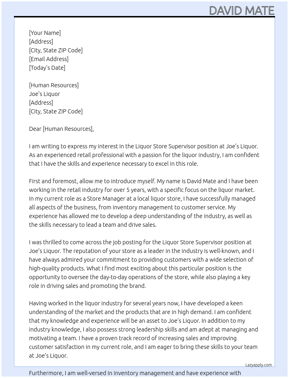 Cover letter for joe's liquor - LazyApply