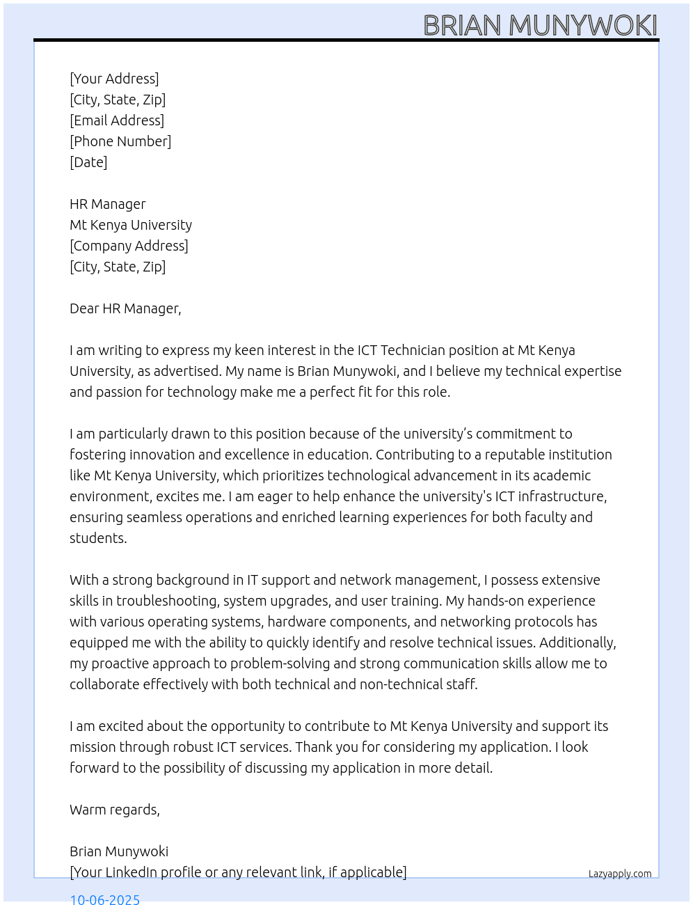 ict technician At Mt Kenya University Cover Letter
