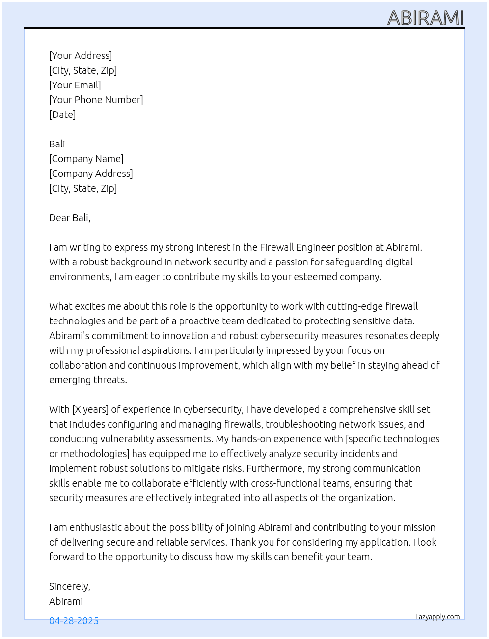 Firewall Engineer At Abirami Cover Letter