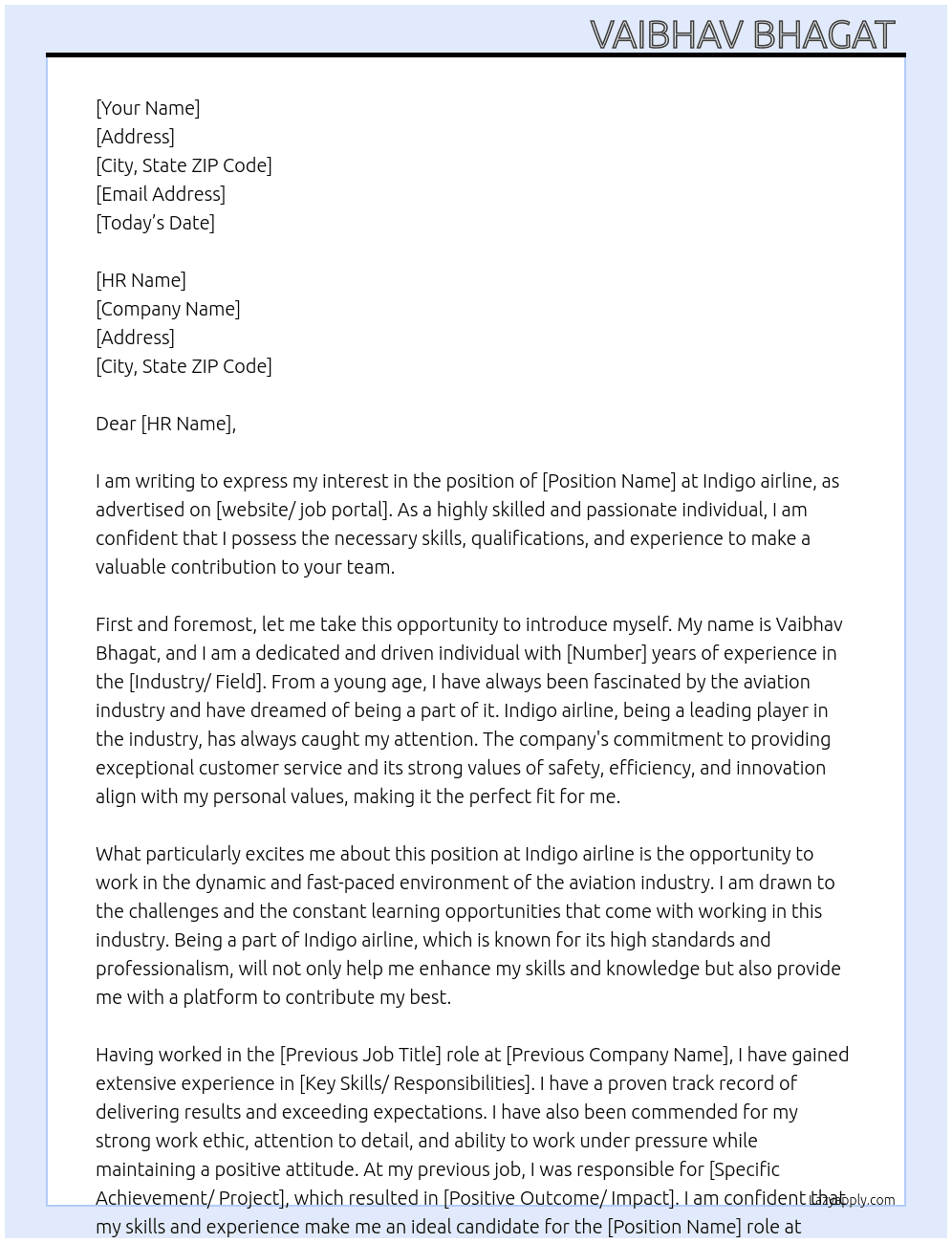 Cover letter for indigo airline - LazyApply