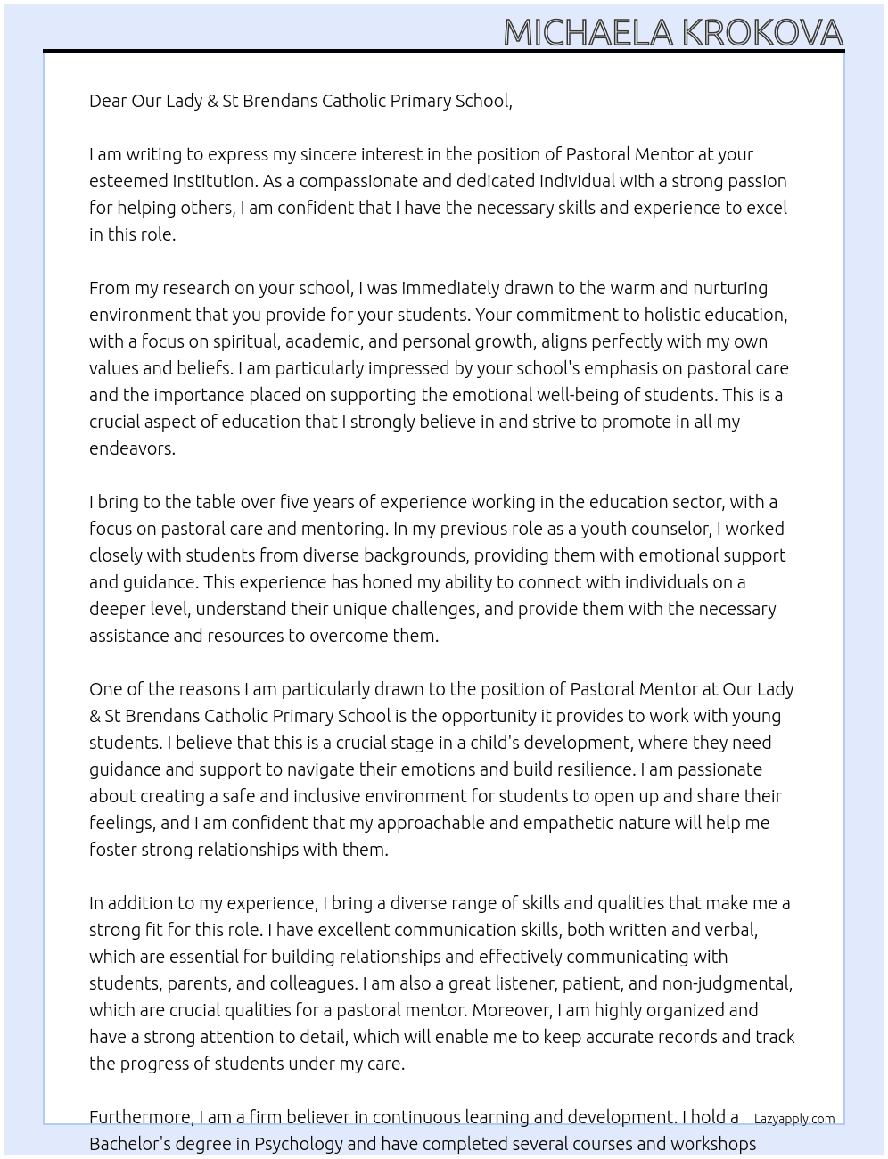 Cover letter for pastoral mentor - LazyApply