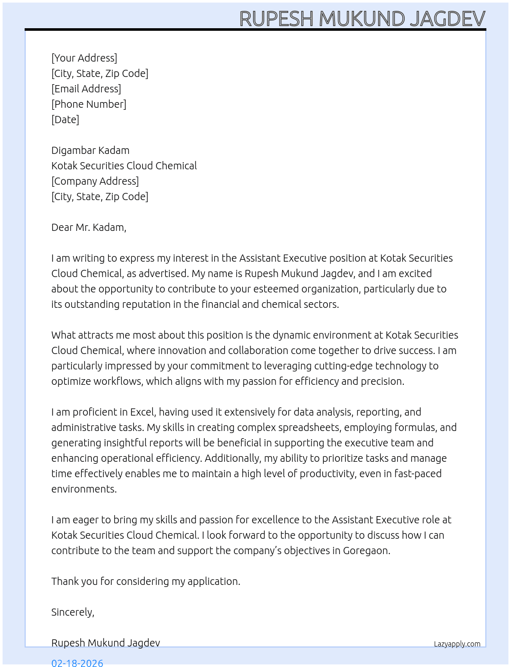 Assistant executive  At Kotak securities cloud chemical  Cover Letter