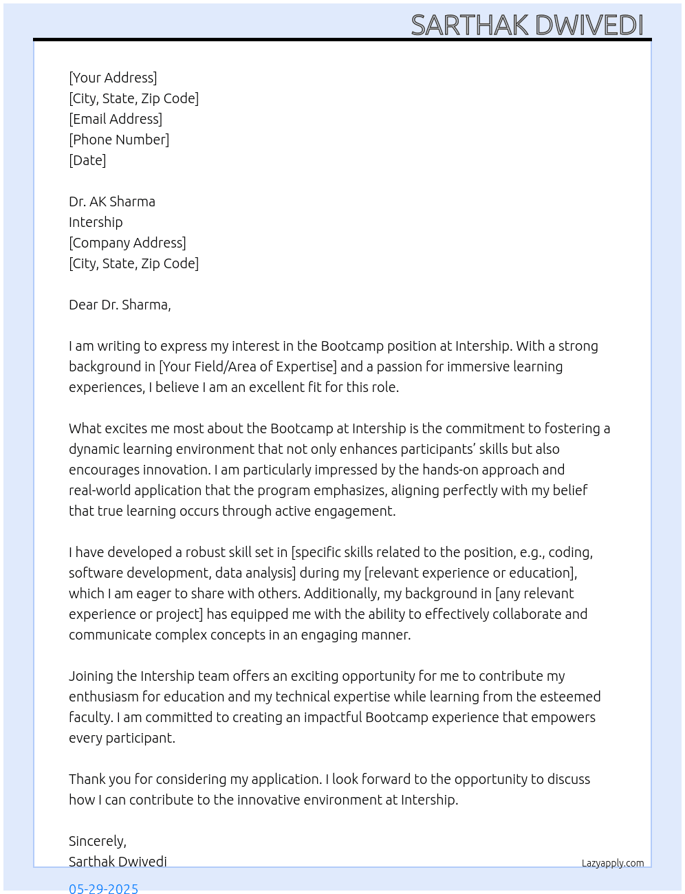 Bootcamp At Intership Cover Letter
