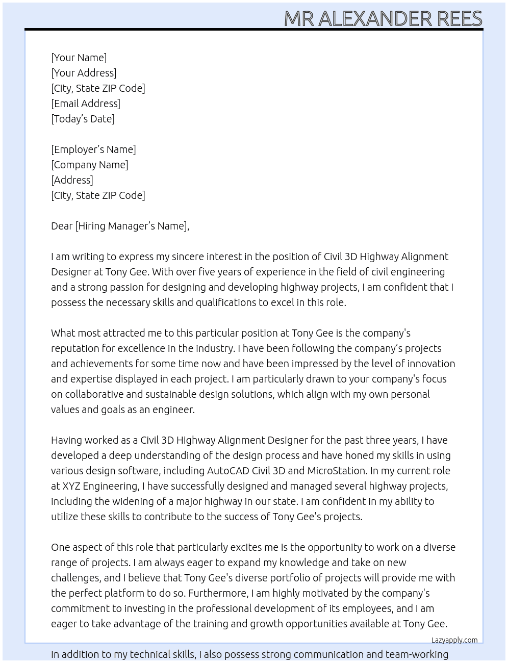 Civil 3D Highway Alignment Designer At Tony Gee  Cover Letter