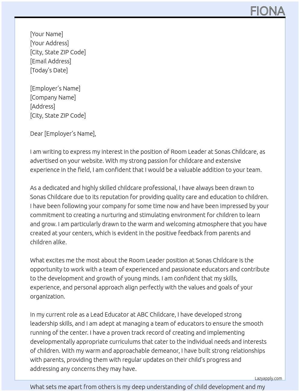 room leader At Sonas childcare Cover Letter