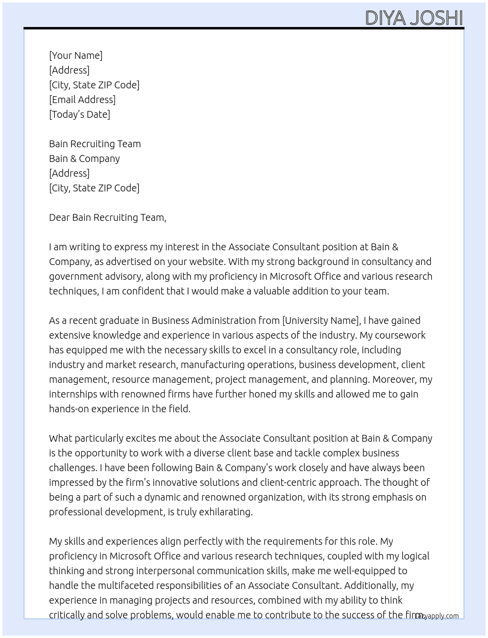 Associate Consultant At Bain & Company Cover Letter