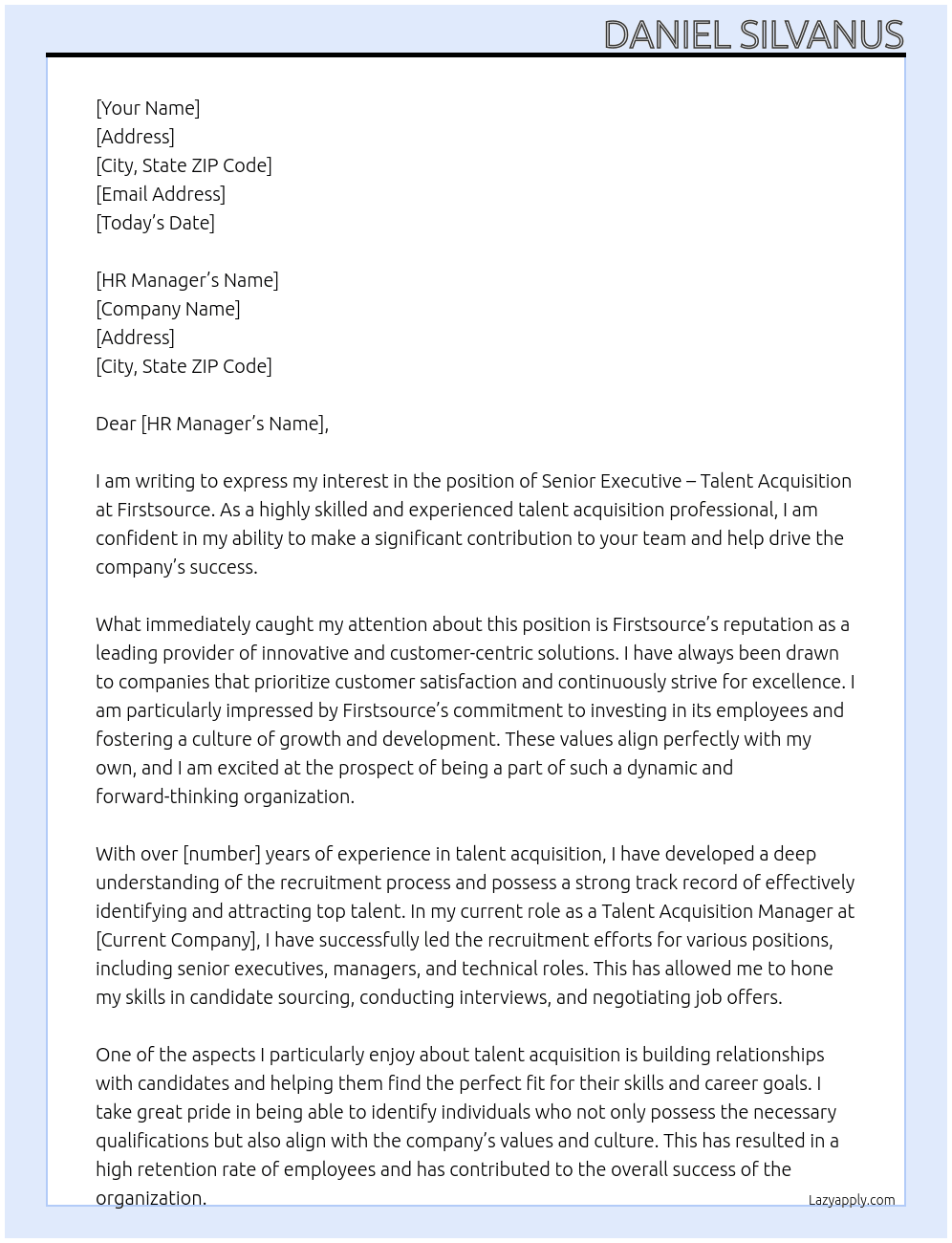 Senior Executive - Talent Acquisition At Firstsource Cover Letter