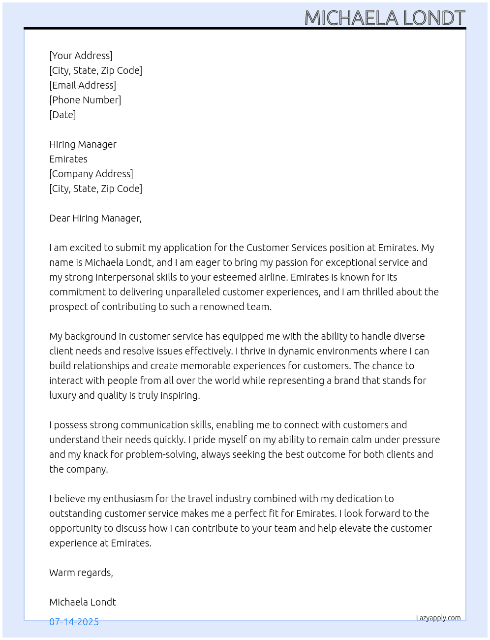 Customer services At Emirates Cover Letter