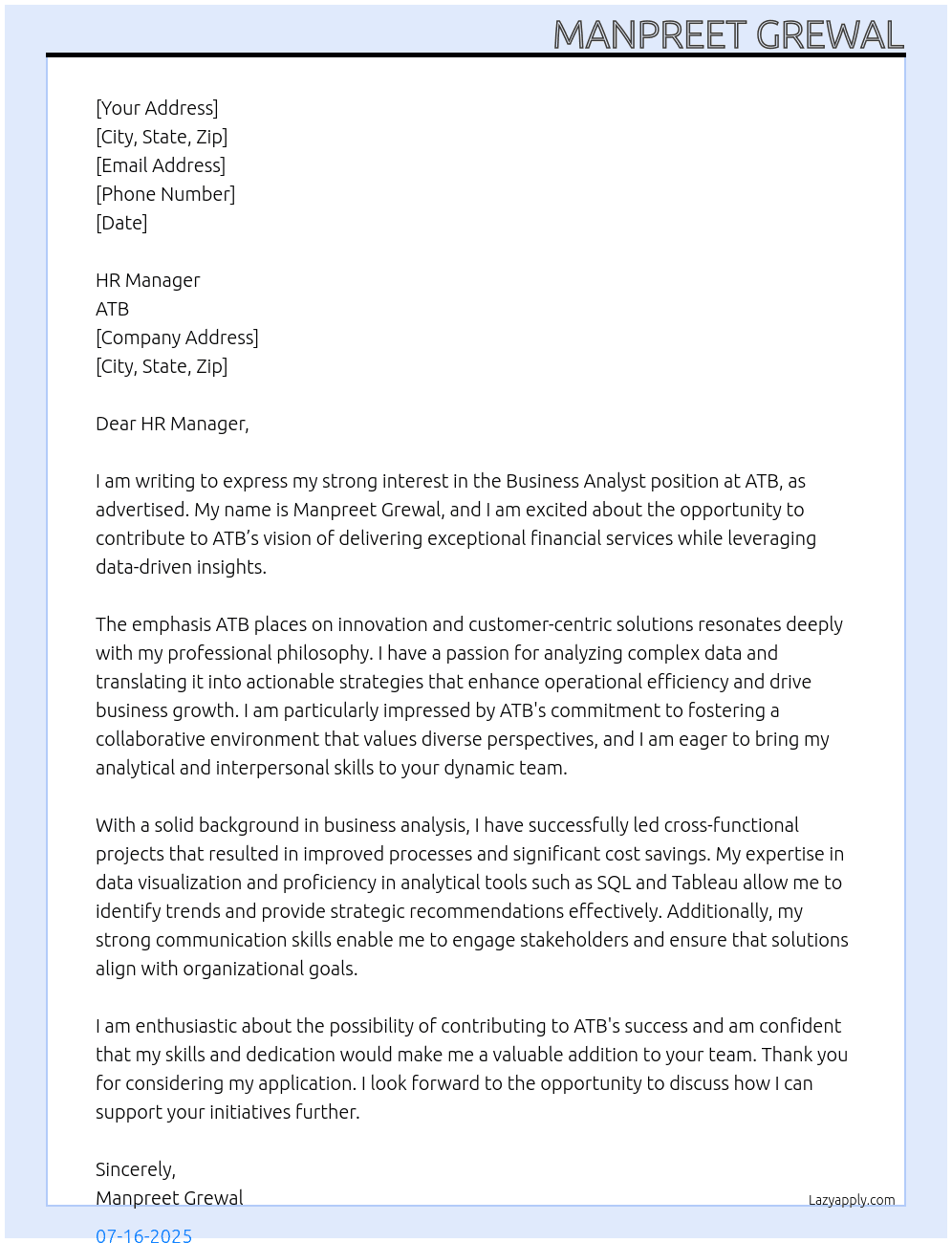 Business Analyst At ATB Cover Letter