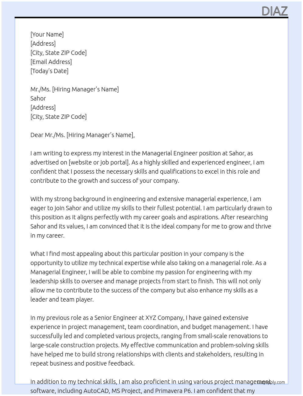 Managerial Engineer At Sahor Cover Letter