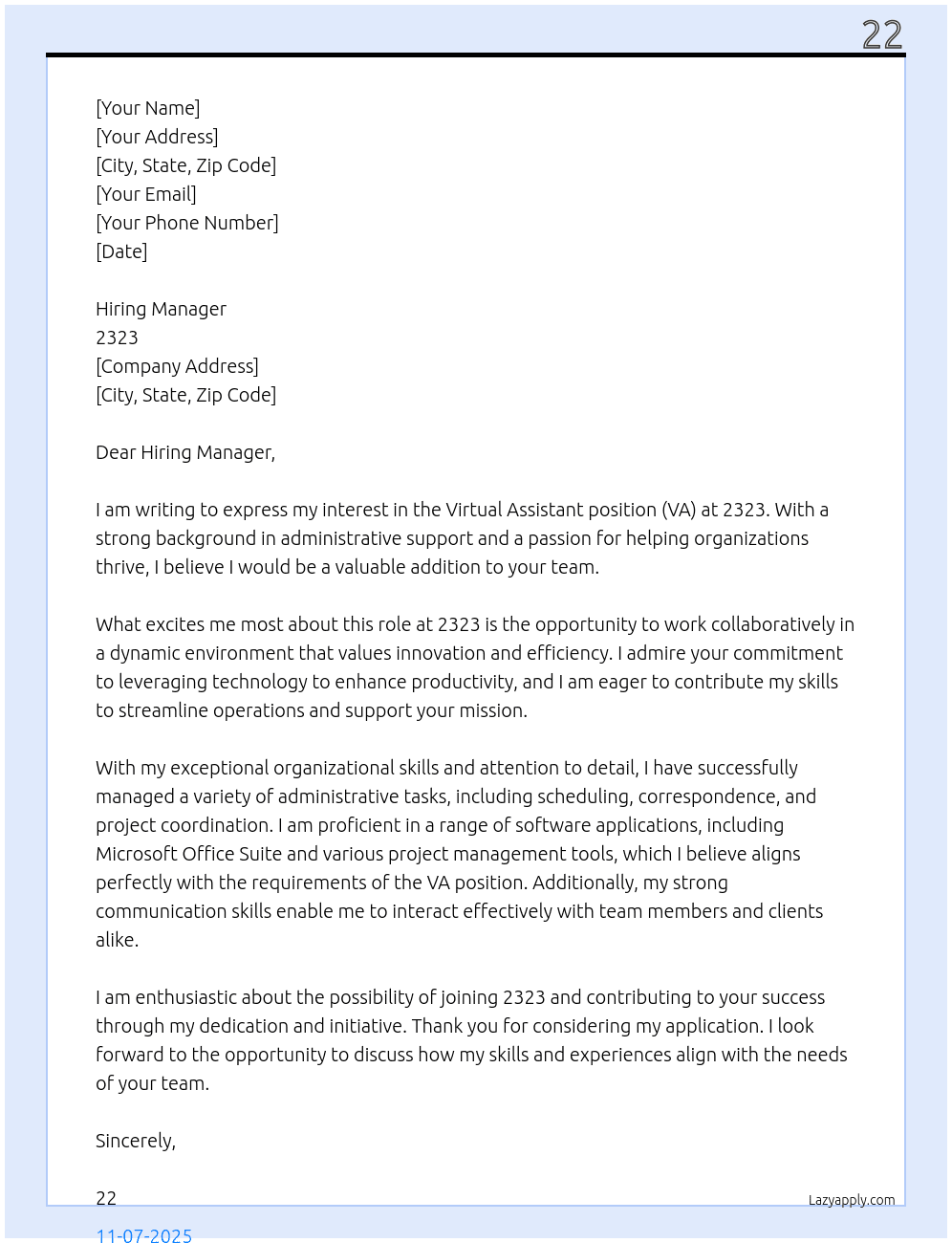 VA At 2323 Cover Letter