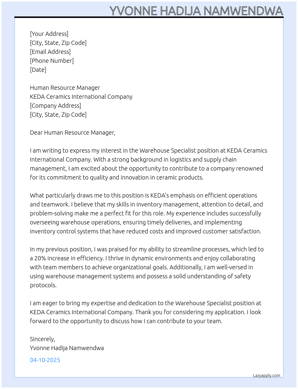 warehouse specialist At KEDA ceramics international company Cover Letter