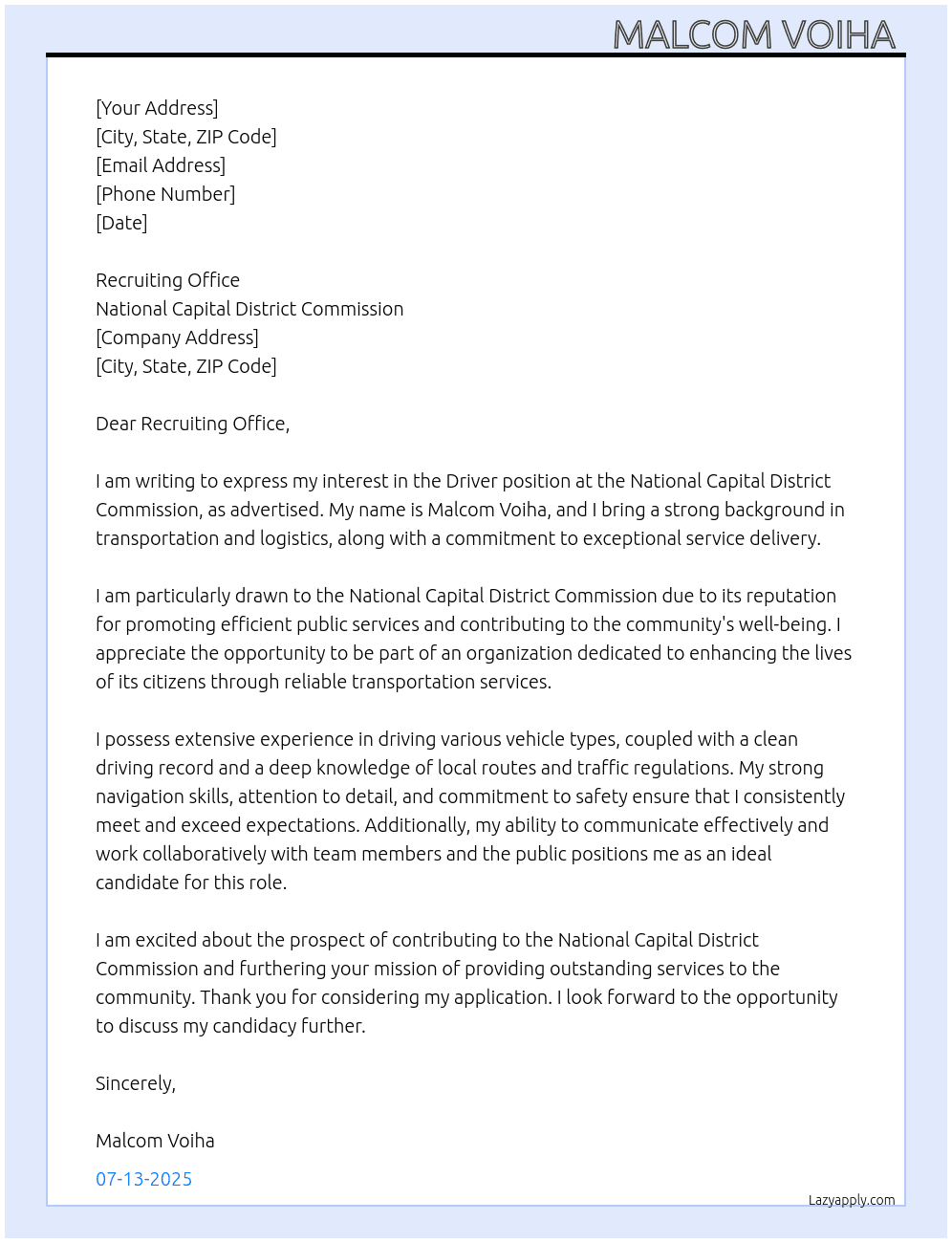 Driver  At National Capital District Commission  Cover Letter