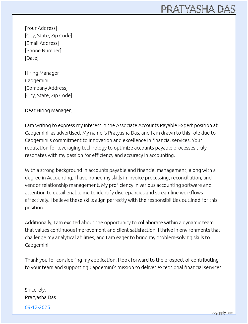 Associate Accounts Payable Expert At Capgemini Cover Letter