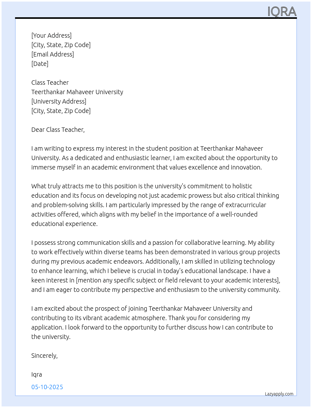 Sutdent  At Teerthankar Mahaveer University  Cover Letter