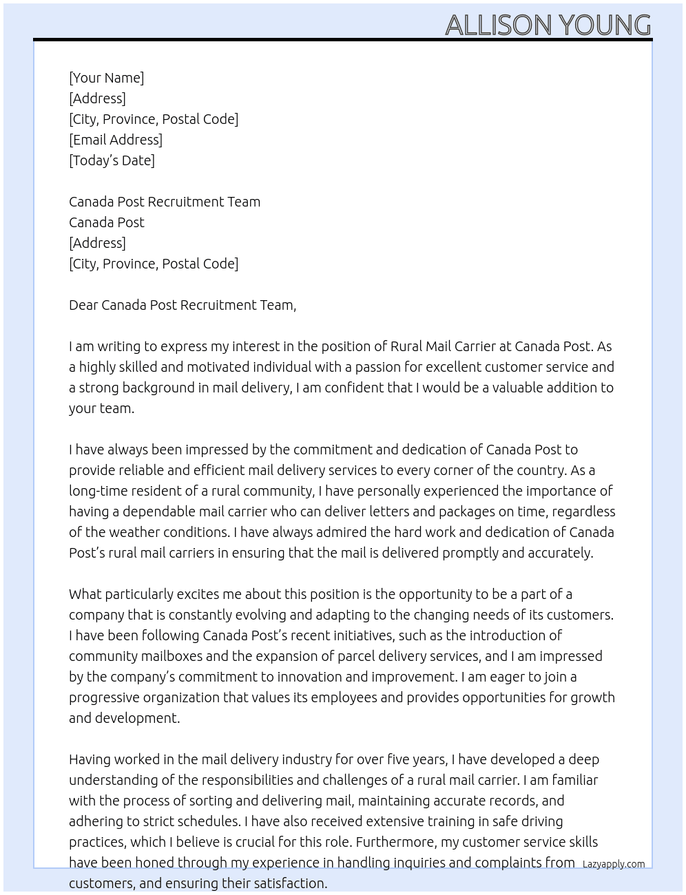 rural mail carrier At Canada Post Cover Letter