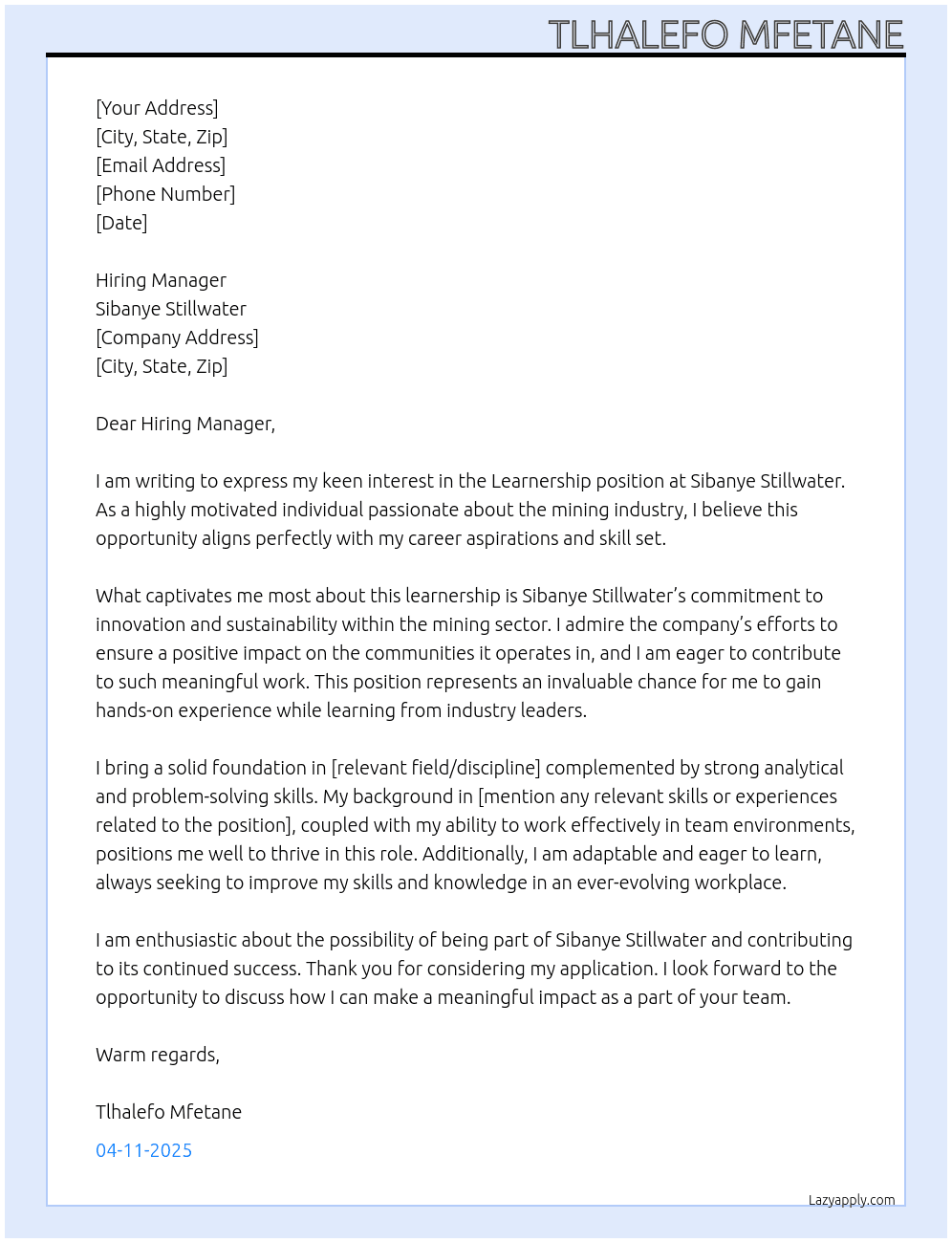 Learnership At Sibanye StillWater Cover Letter