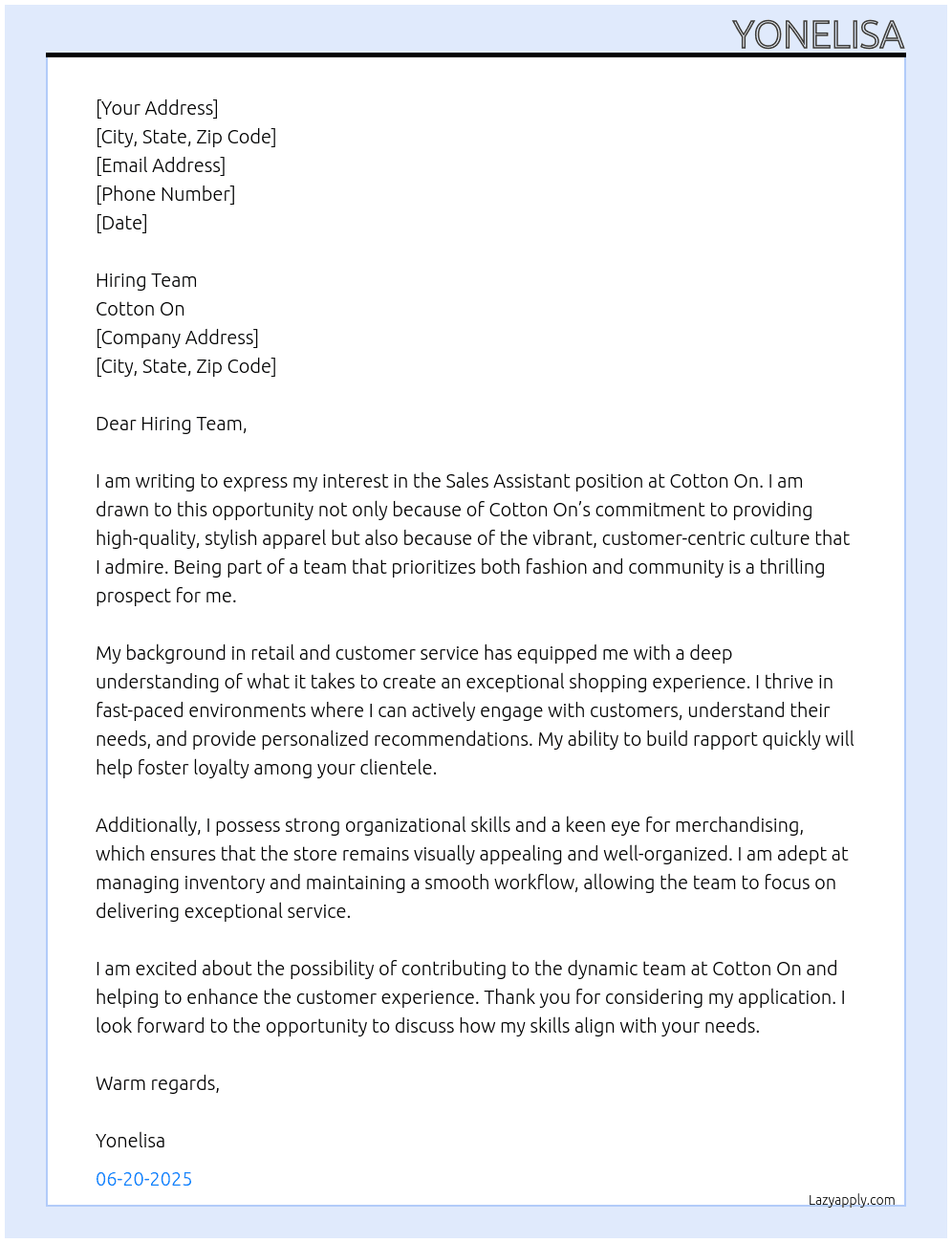 Sales assistant  At Cotton on  Cover Letter