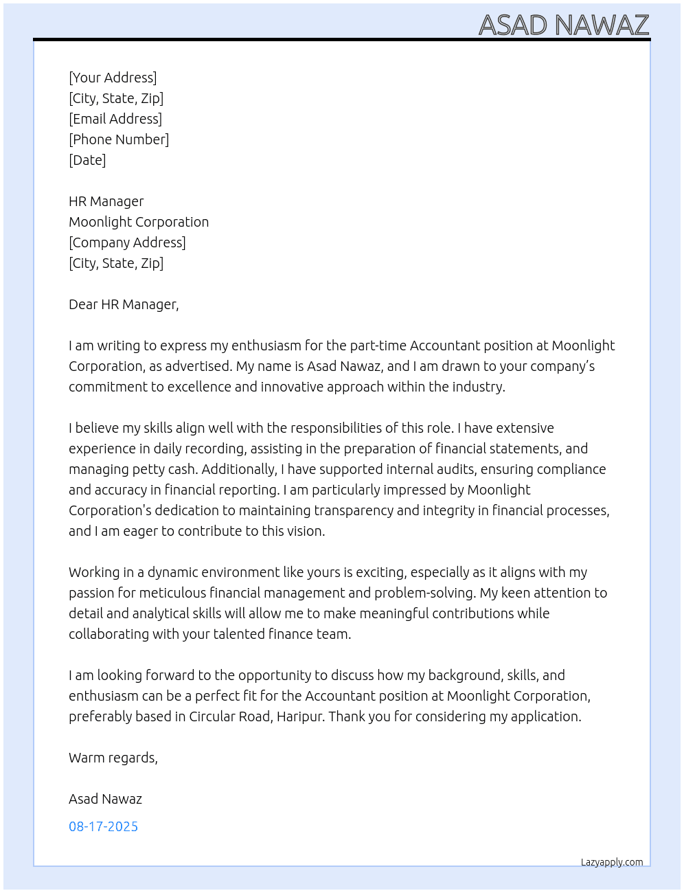 Accountant  At Moonlight corporation  Cover Letter