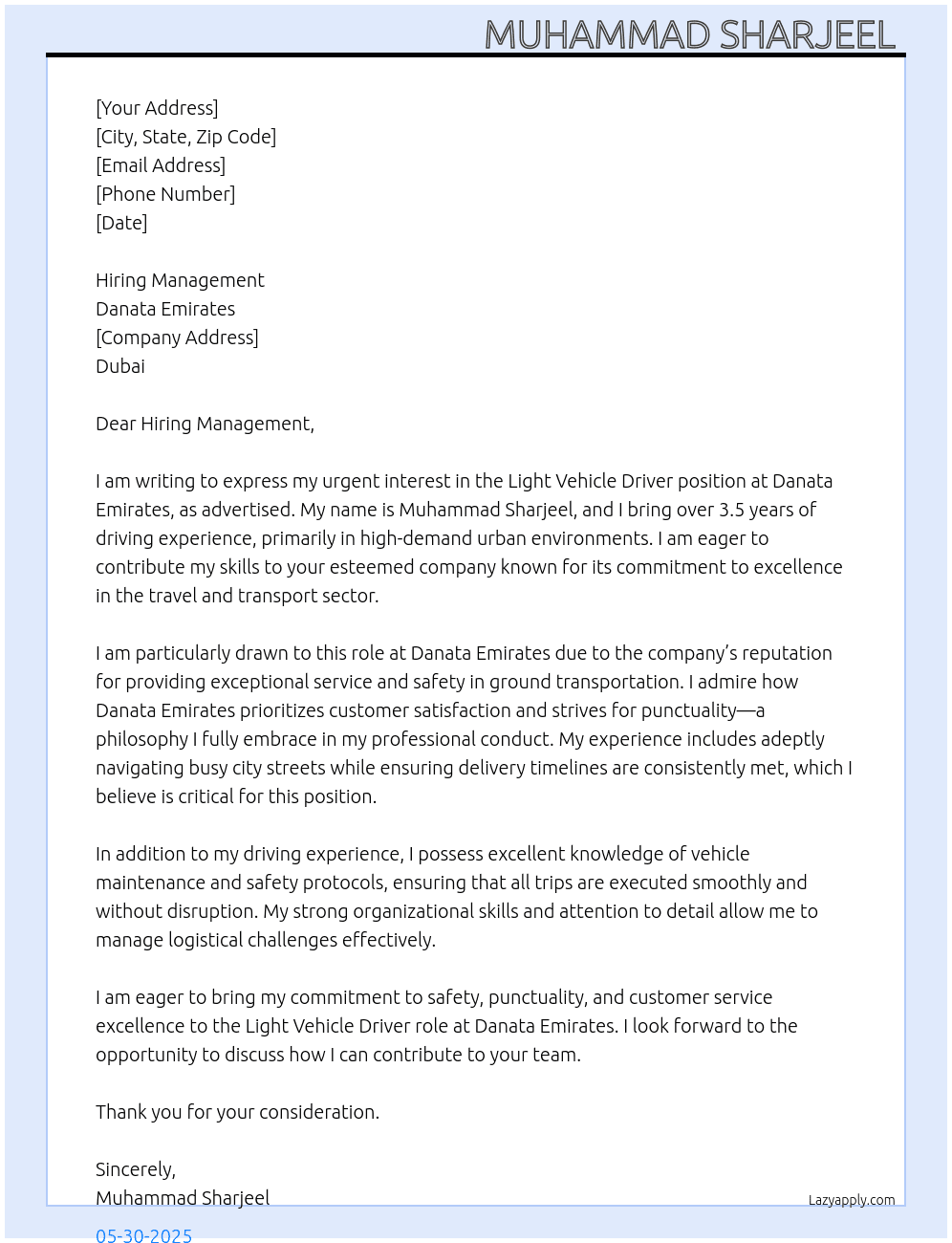 Light Vehicle driver  At Danata Emirates  Cover Letter