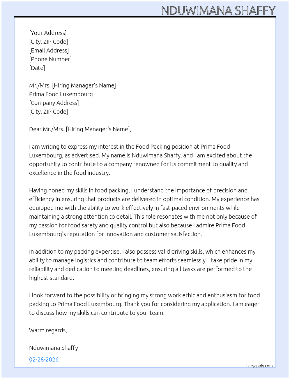 Food packing At Prima food luxembourg  Cover Letter