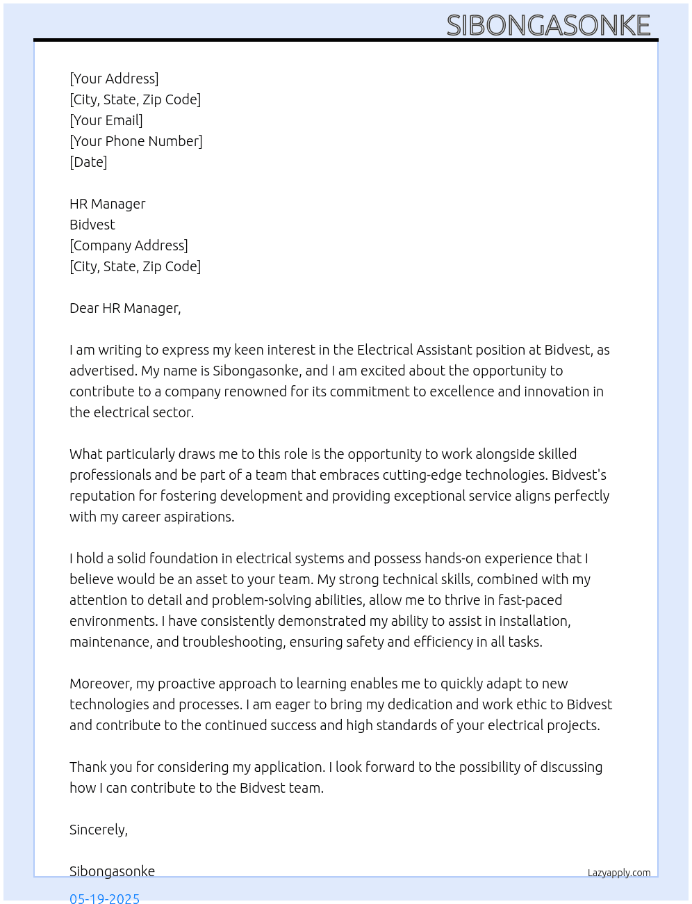 Electrical assistant  At Bidvest  Cover Letter