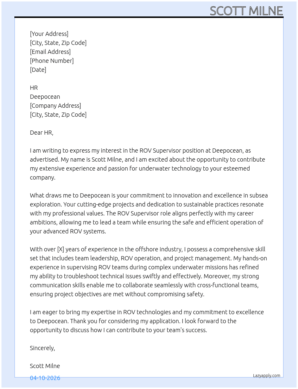 ROV Supervisor At Deepocean Cover Letter