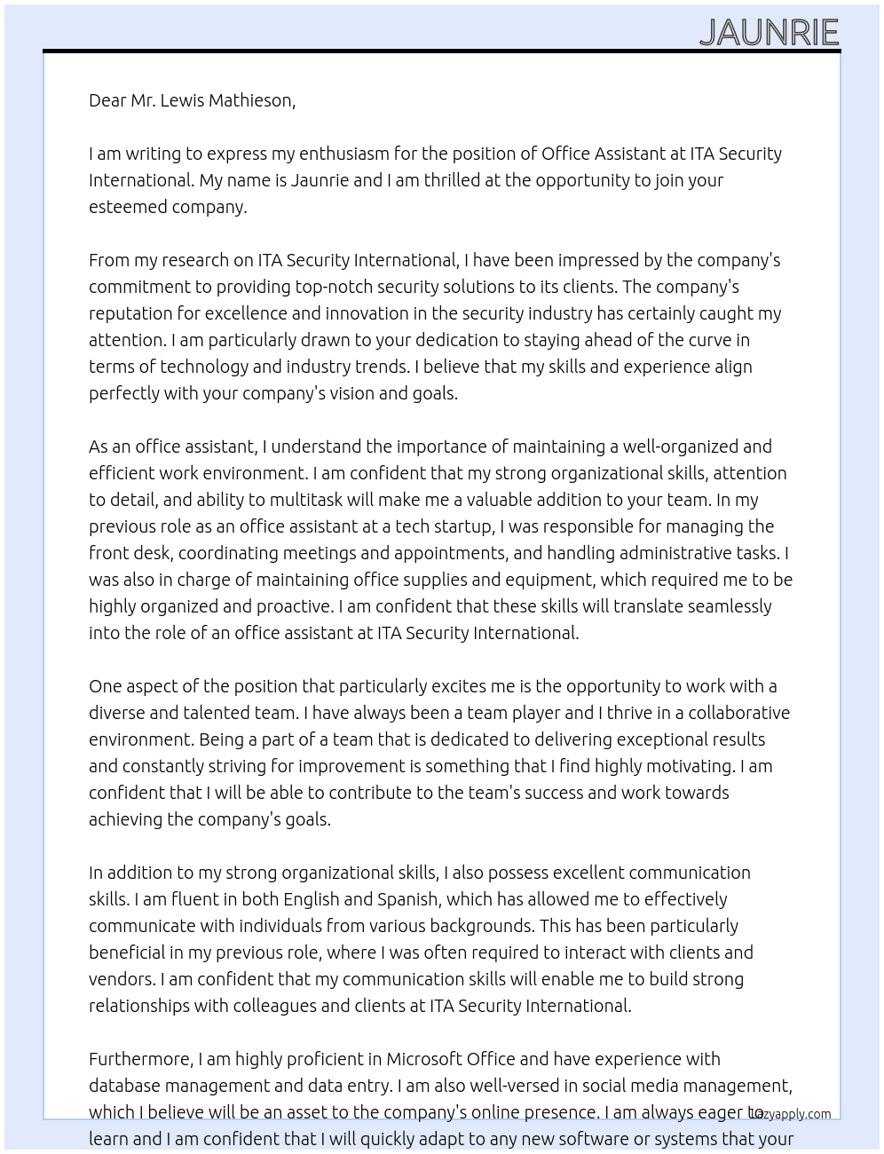 office assistant At ITA Security International Cover Letter
