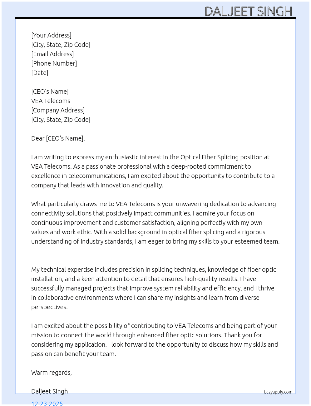 Cover letter for optical fiber splicing - LazyApply