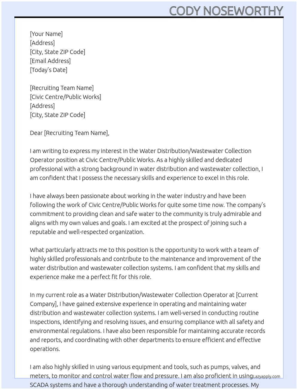Cover letter for water distribution/wastewater collection operator - LazyApply