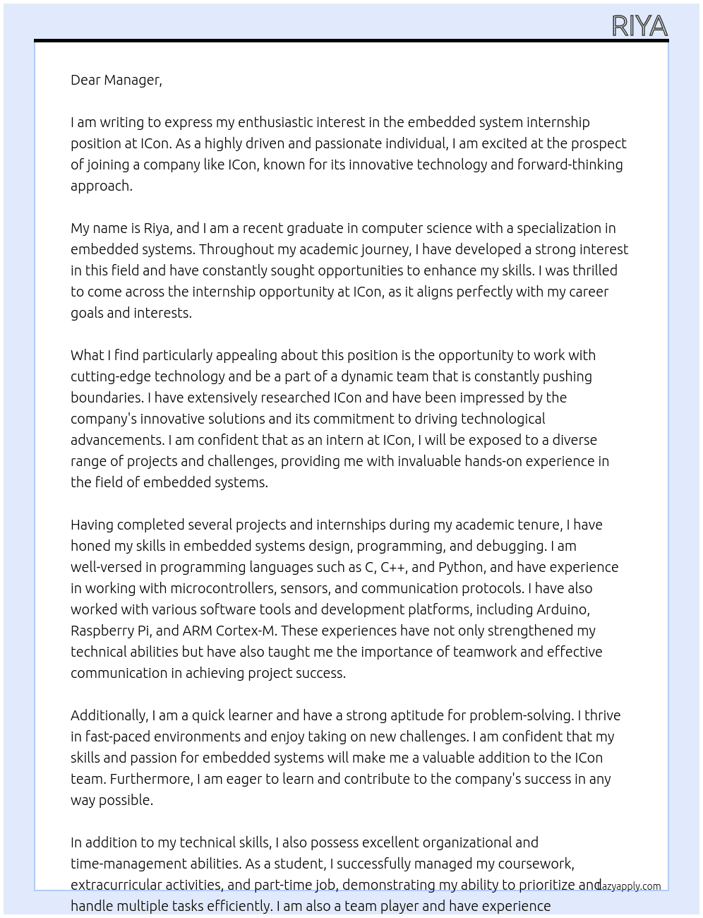 Cover letter for embedded system internship - LazyApply