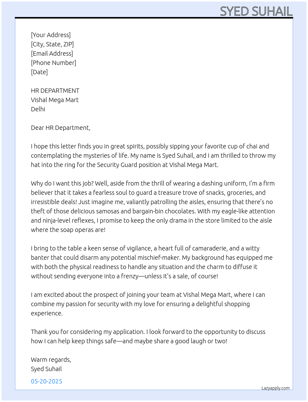 VISHAL MEGA MART SECURITY GUARD At Vishal mega Mart Cover Letter