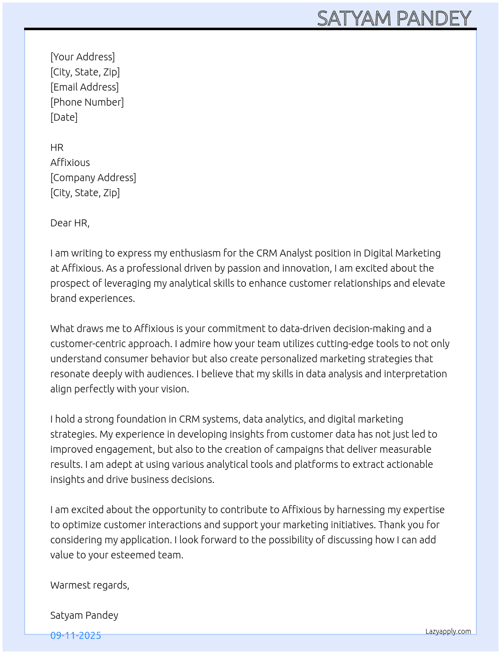 CRM analyst distal marketing  At Affixious Cover Letter