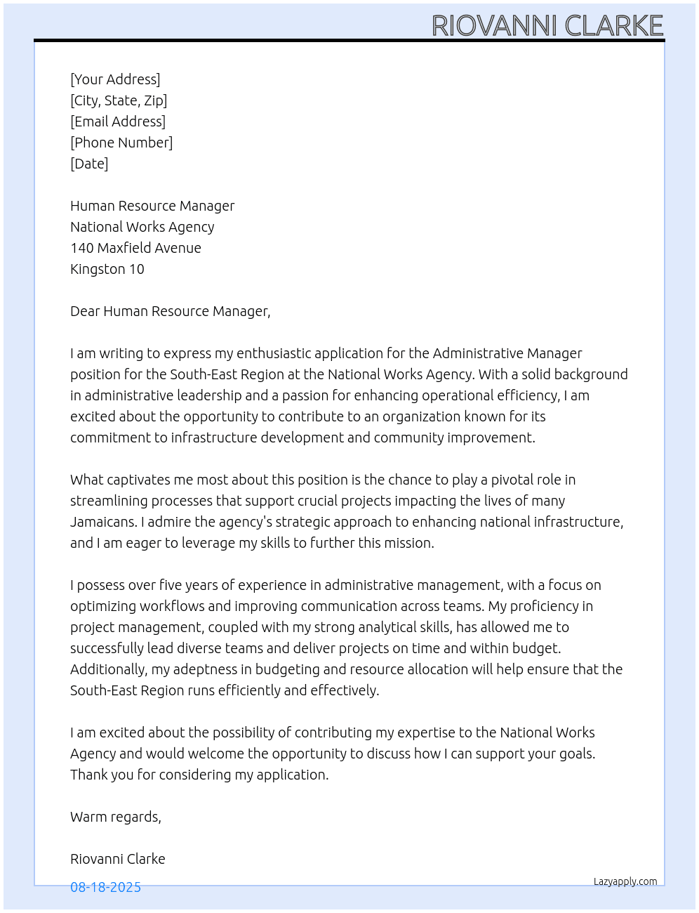 Cover letter for administrative manager - south-east region - LazyApply
