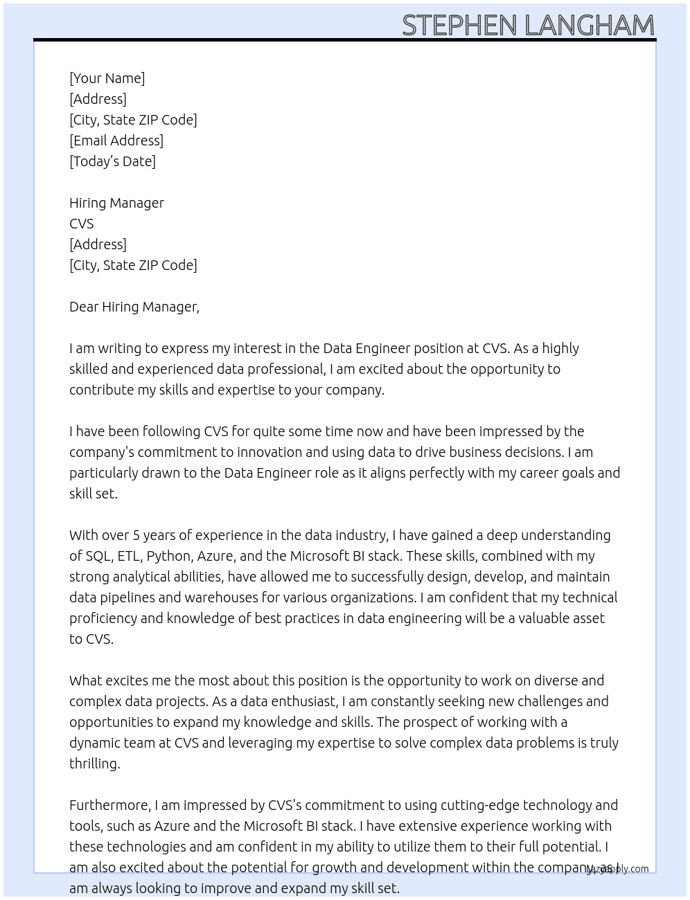 Data Engineer At CVS Cover Letter