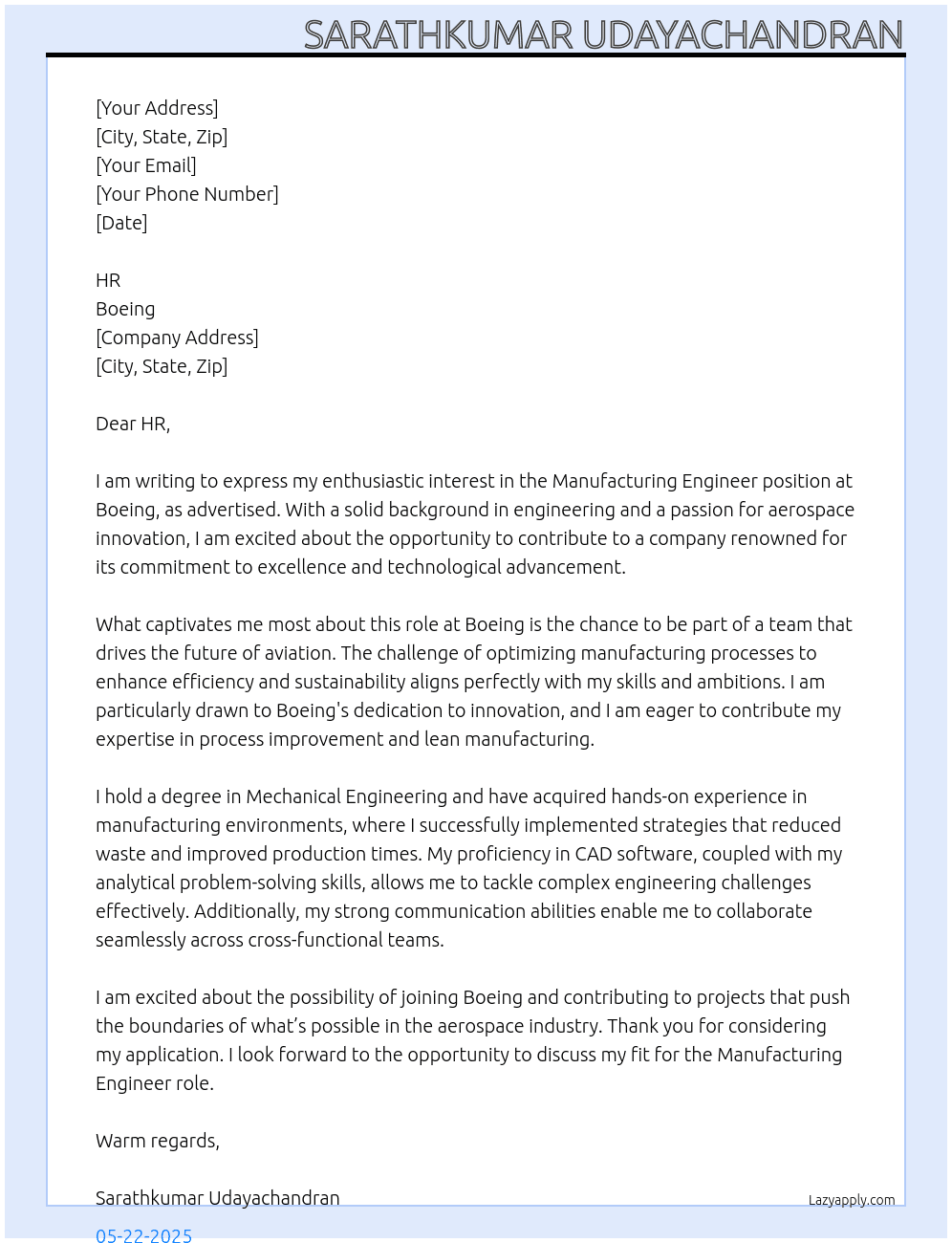 Manufacturing Engnieer At Boeing Cover Letter