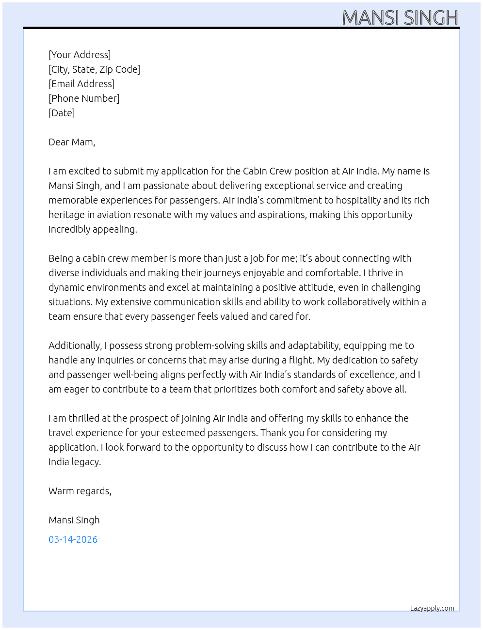 cabin crew At Air India Cover Letter
