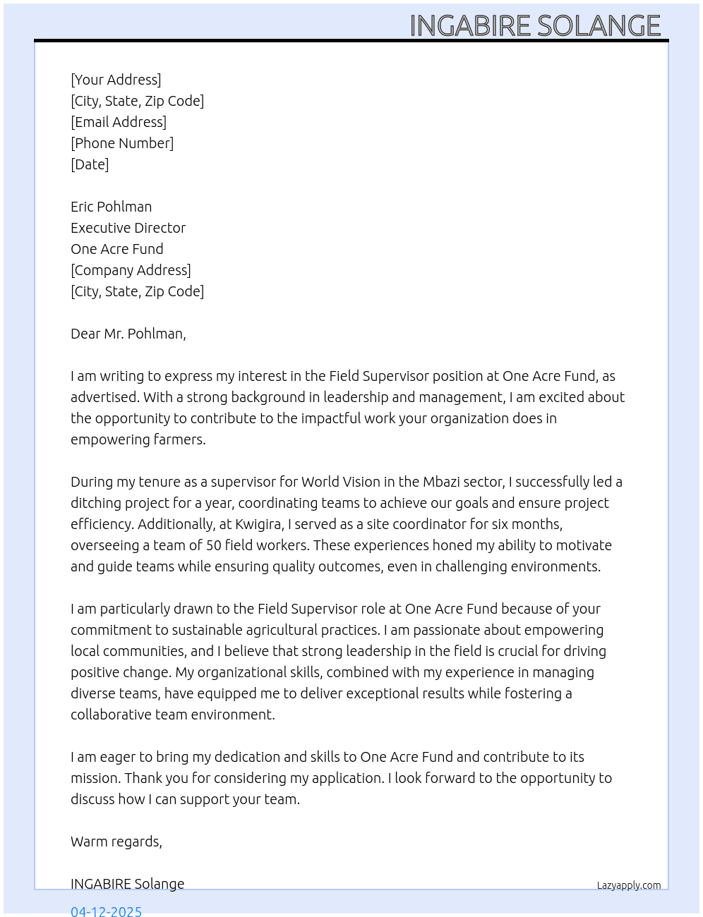 Field supervisor  At One Acre fund Cover Letter