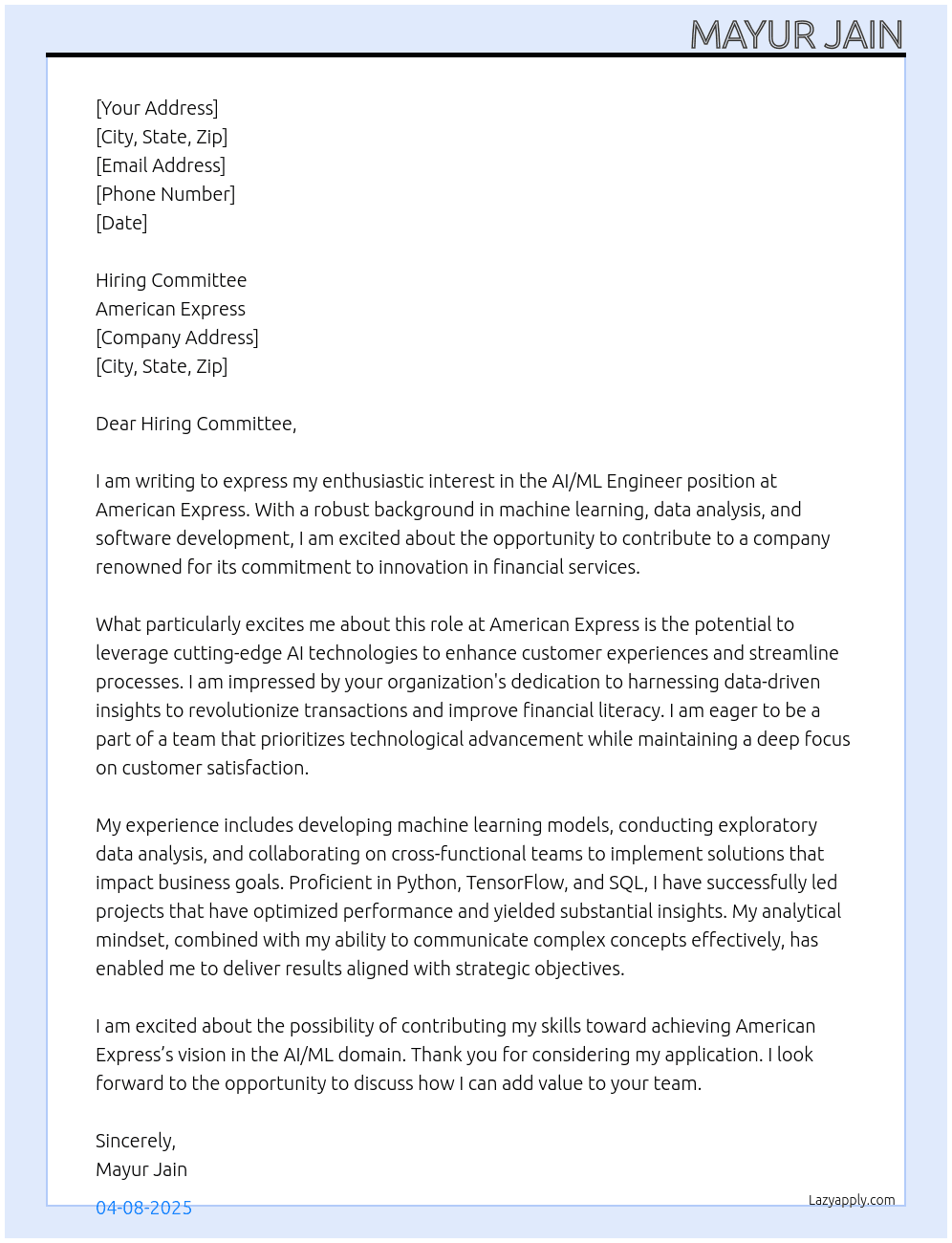AI/ML Engineer At American Express Cover Letter